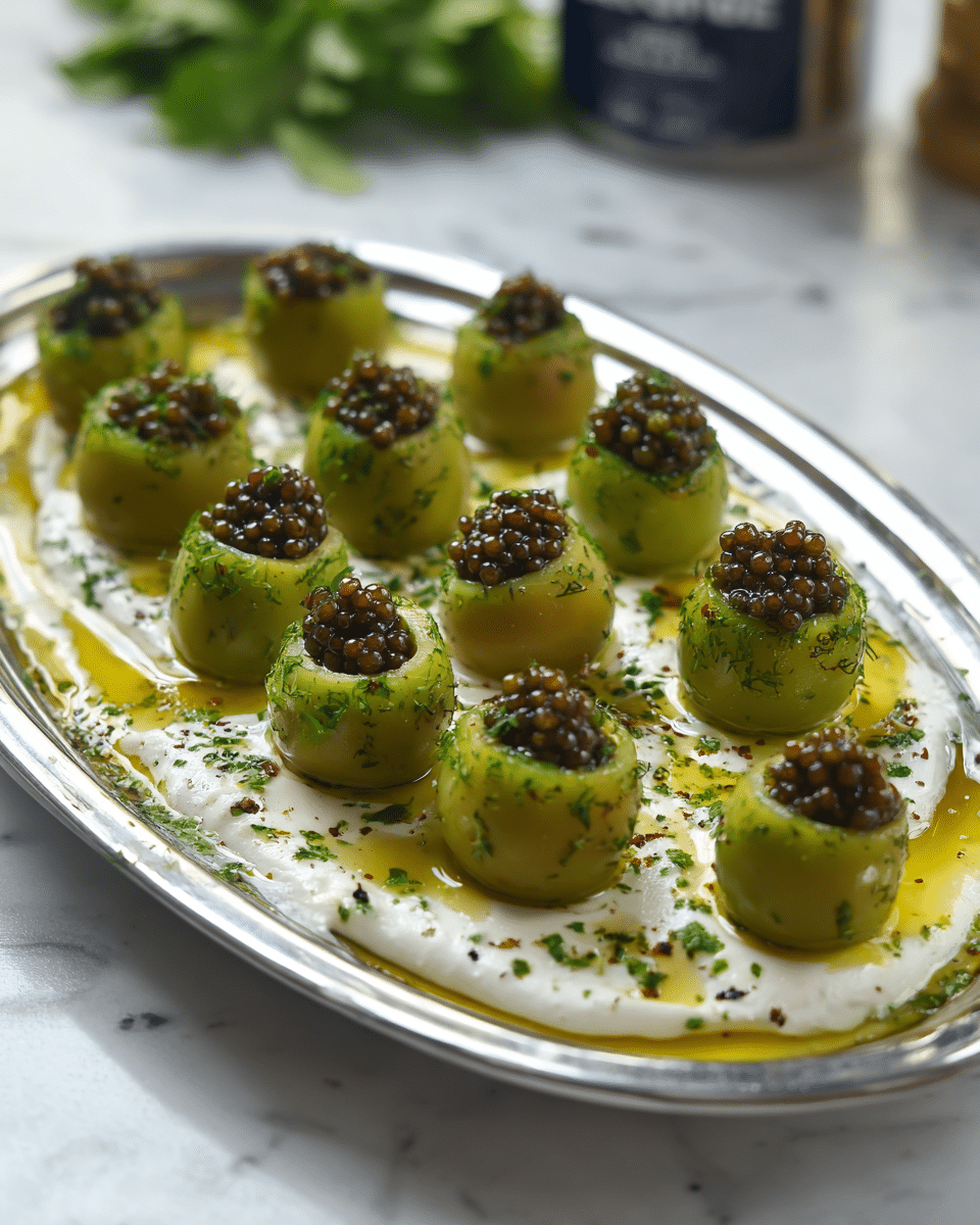 The image shows a shiny silver oval dish filled with a white creamy base spread evenly on the bottom. On top of the cream, there are evenly spaced green olives, each hollowed out and topped with small dark brown caviar pearls. The olives appear glossy and are sprinkled with finely chopped green herbs and black pepper. A layer of golden olive oil pools around the edges of the cream, adding a shiny richness to the dish. The background features a white marbled surface with some blurred fresh green herbs and a container in the back. photo taken with an iphone --ar 4:5 --v 7