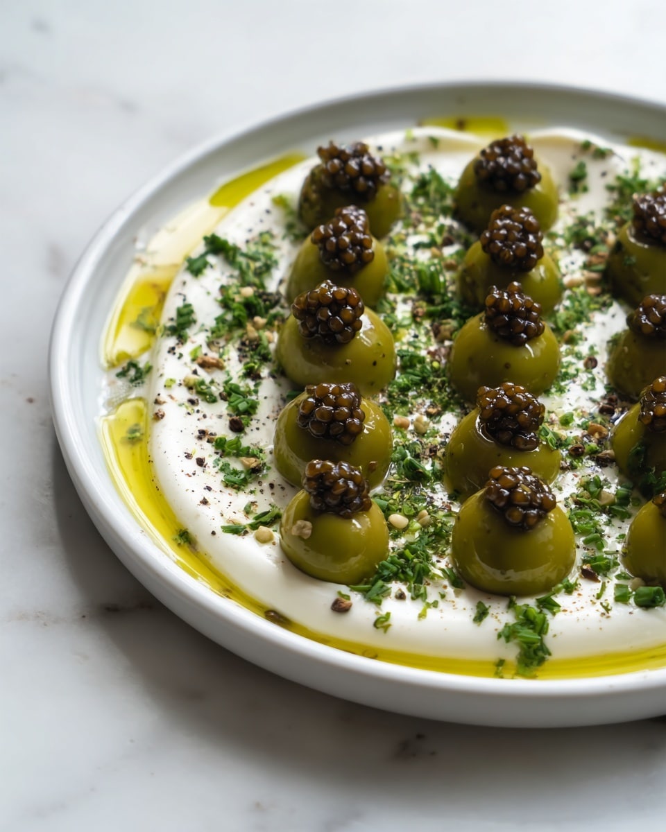 A white plate holds a dish with a base layer of white creamy sauce spread thinly, topped with a golden yellow olive oil drizzle around the edges. On top of this sauce, there are three rows of green olives, each with a pile of small, dark brown spheres resembling caviar placed on them. The plate is sprinkled with finely chopped green herbs and light black pepper. The whole setup is on a white marbled surface. photo taken with an iphone --ar 4:5 --v 7