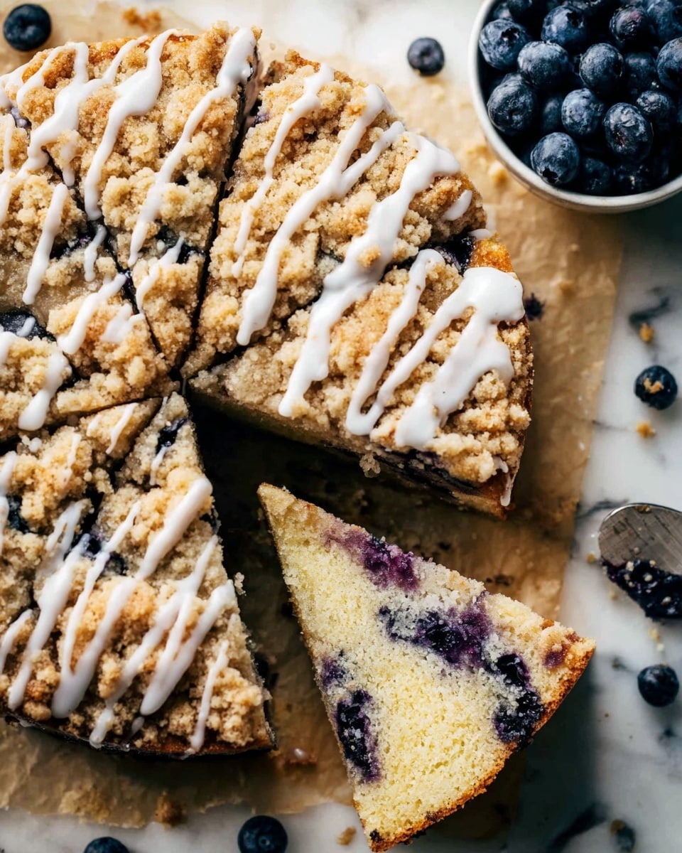 A round blueberry crumb cake is sliced with one piece fully separated from the rest, showing a moist interior filled with dark purple blueberries. The cake has two main layers: a soft, light yellow cake base with blueberry spots inside and a top thick layer of golden brown crumb topping. White icing drizzle runs unevenly over the crumb topping, adding contrast. The cake sits on parchment paper over a white marbled surface, with fresh blueberries scattered around. Part of a white bowl filled with blueberries is seen on the right side. Photo taken with an iphone --ar 4:5 --v 7