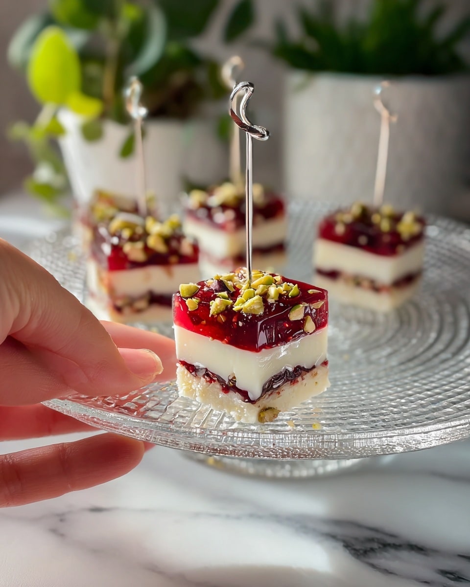 A woman's hand is holding a small square appetizer on a silver pick. The appetizer has four layers: two creamy white layers and two dark red jelly-like layers, alternating. The top layer is red jelly sprinkled with chopped green nuts. The appetizer is placed on a clear glass plate with a textured edge, which sits on a white marbled surface. In the background, several more appetizers on silver picks and green plants in white pots can be seen. photo taken with an iphone --ar 4:5 --v 7