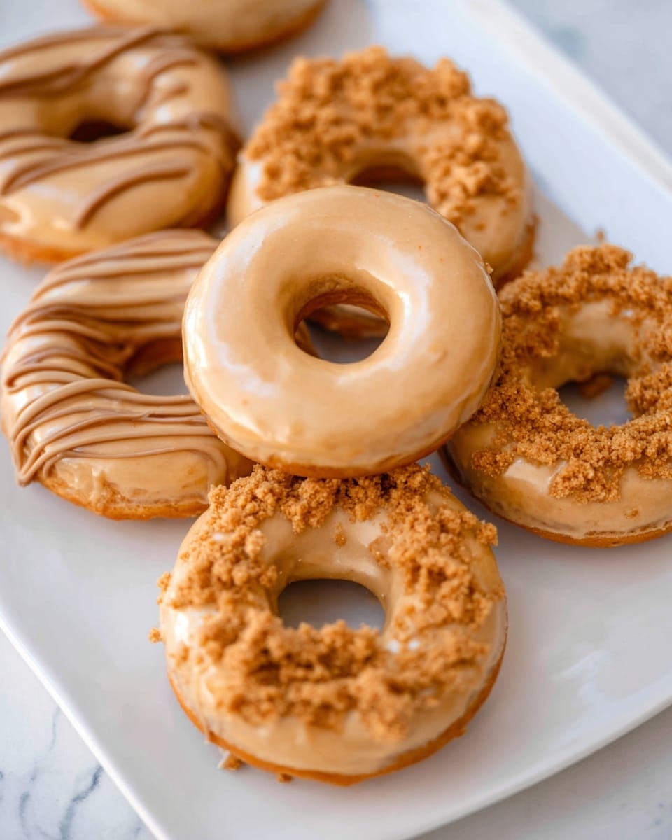 A group of seven donuts arranged on a white plate on a white marbled surface, with the top donut centered and coated in smooth light brown glaze, three donuts behind it decorated with light brown glaze and darker brown drizzle lines, and three donuts in front covered in light brown glaze with crumbly brown bits sprinkled generously on top. The donuts show soft texture with shiny glaze surfaces and crumbly toppings that add roughness. photo taken with an iphone --ar 4:5 --v 7