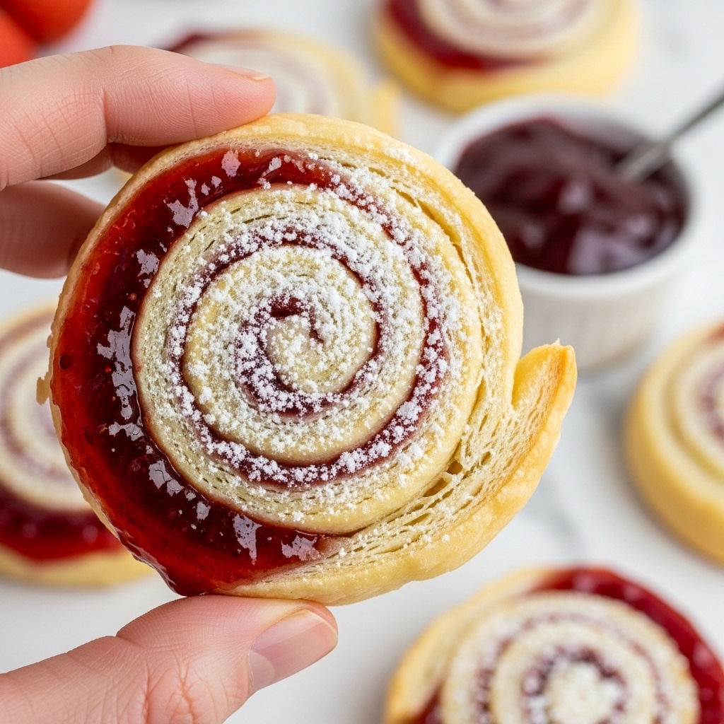 A close-up view of a round pastry held by a woman's hand, showing multiple thin layers of light golden dough rolled tightly in a spiral shape. The pastry is dusted generously with white powdered sugar, and one side has a thick, glossy red jam filling that slightly oozes out. In the soft-focused background, there are more similar pastries and a small white bowl filled with dark red jam, all placed on a white marbled surface. The overall look is fresh and inviting with warm tones and fine textures. photo taken with an iphone --ar 4:5 --v 7