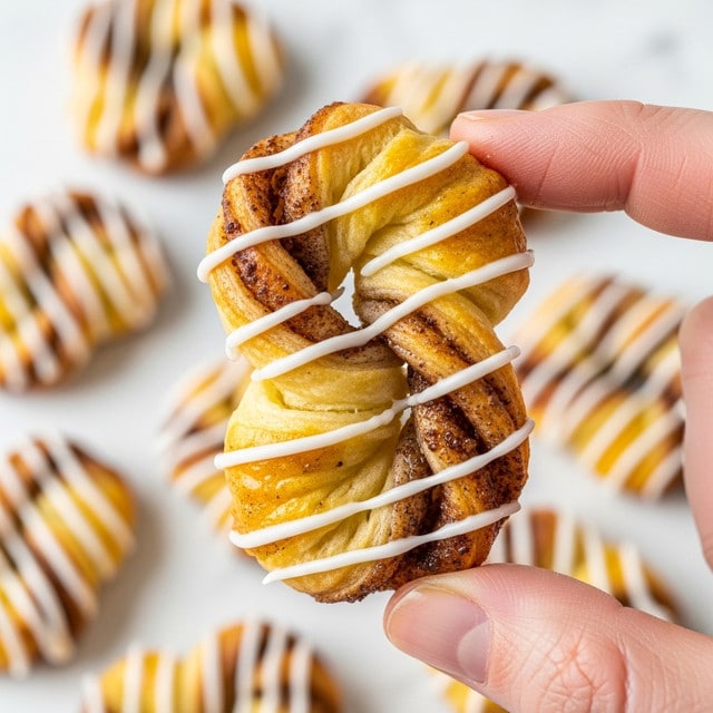 A close-up of a small twisted pastry held between a woman's thumb and forefinger, showing multiple thin layers of golden-brown and yellow dough twisted together with visible cinnamon sugar filling, topped with white icing drizzled in wavy lines across the top. In the background, other twisted pastries are blurred on a white marbled surface. The texture looks soft and flaky with shiny glaze and creamy icing detail. photo taken with an iphone --ar 4:5 --v 7