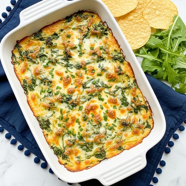A white rectangular baking dish holds a creamy baked dip with a textured top layer showing melted cheese mixed with greens and small bits of other ingredients, browned slightly in spots for a golden effect. The dish is garnished with finely chopped green herbs scattered over the top. The dish is placed on a white marbled surface next to some round tortilla chips in the upper right corner and fresh leafy greens nearby. A dark blue cloth with a pom pom trim lies under the dish photo taken with an iphone --ar 4:5 --v 7