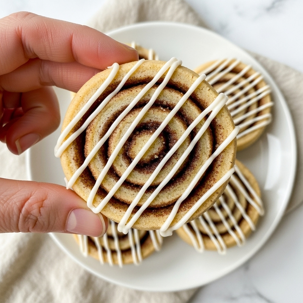 A close-up view of a round cinnamon roll cookie being held by a woman's hand. The cookie has two visible layers: a light brown dough layer rolled with a darker cinnamon sugar filling spiraled inside. On top, there are evenly spaced white icing lines drizzled vertically across the cookie. The cookie is placed on a white plate, set against a white marbled surface with a soft beige cloth beneath. Photo taken with an iphone --ar 4:5 --v 7