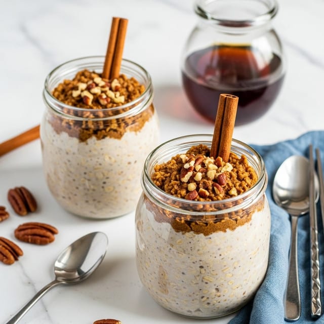 Two clear glass jars sit on a white marbled surface filled with a creamy oatmeal mixture showing small oat flakes throughout. Each jar has a thick light brown layer of cinnamon-spiced topping with finely chopped nuts sprinkled over it. Two cinnamon sticks stand upright in each jar, adding a rustic touch. Behind the jars, a round glass container holds dark amber syrup. Pecans are scattered lightly on the surface near the jars along with a silver spoon and a pair of metal chopsticks resting beside them. A blue cloth lies partially under one jar, adding a soft contrast. photo taken with an iphone --ar 4:5 --v 7