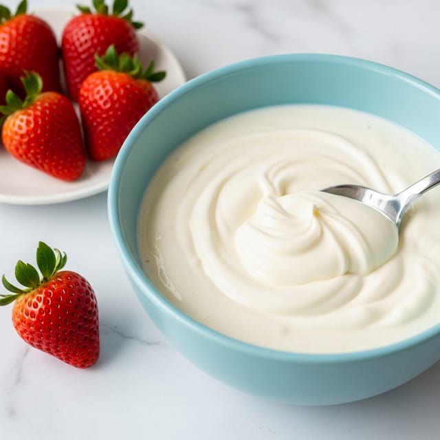 A light blue bowl filled with a thick, creamy white mixture, smooth and slightly glossy in texture. A silver spoon is partly submerged on the right side, scooping up some of the cream, with visible swirls and soft peaks. In the background on the left, there is a small white plate holding four bright red strawberries with green tops, and one strawberry lies directly on the white marbled textured surface. The overall setting is simple and clean. photo taken with an iphone --ar 4:5 --v 7