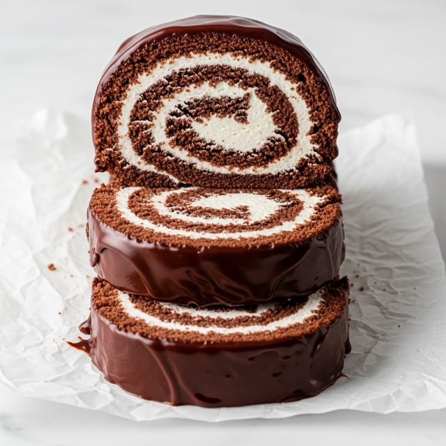 The image shows three thick slices of a chocolate roll cake stacked on white crinkled parchment paper over a white marbled surface. Each slice has a dark brown chocolate sponge layer rolled tightly with bright white cream, creating a spiral pattern. The entire roll is coated with a shiny, smooth dark chocolate glaze that covers the top and sides, slightly dripping and uneven on the edges. The inside layers are soft and textured, while the outer chocolate coating looks glossy and firm. Photo taken with an iphone --ar 4:5 --v 7