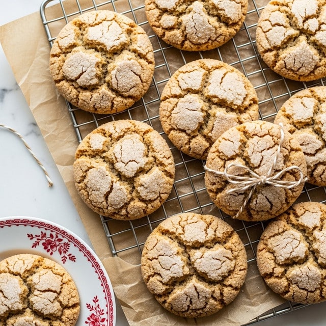 The image shows a group of light brown cookies with cracked tops covered in a sugar coating, arranged on a metal cooling rack and brown parchment paper. The cookies appear soft and are sprinkled with granulated sugar, giving a frosted look on each piece with rough, uneven surfaces. Some cookies are tied with twine while others sit close together, with one partially visible on a white plate with red floral patterns on the bottom left. The background is a white marbled texture photo taken with an iphone --ar 4:5 --v 7