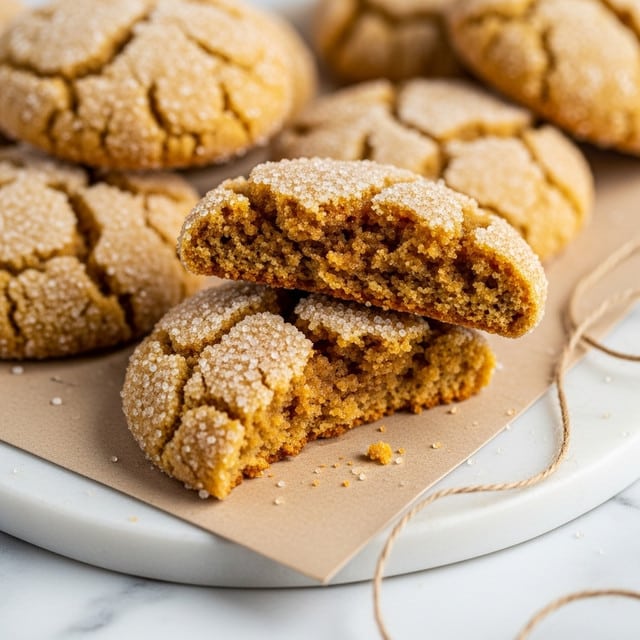 A close-up view of soft, cracked cookies covered in coarse sugar, showing the texture of the sugar crystals sparkling on the golden-brown surface. One cookie is broken in half, revealing a slightly crumbly inside with a warm, inviting color. The cookies rest on a piece of light brown paper placed on a white marbled surface. A piece of thin brown twine lies gently across the paper near the cookies. Photo taken with an iphone --ar 4:5 --v 7