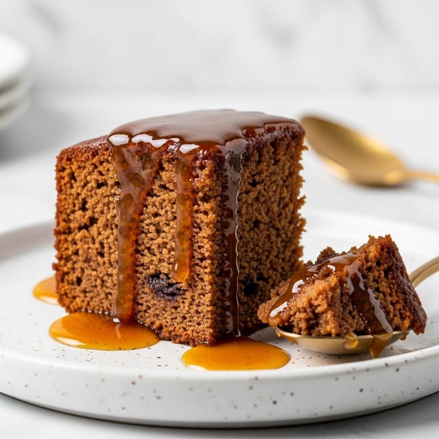 A single slice of moist brown cake with a slightly crumbly texture sits on a white speckled plate, with thick golden syrup drizzled over the top and pooling around the base. The cake slice shows its soft, dense interior with visible darker bits, and a piece of it rests on a spoon beside the main slice, also coated in syrup. The background shows a white marbled surface, softly blurred, with part of a golden spoon visible behind the plate. Photo taken with an iphone --ar 4:5 --v 7