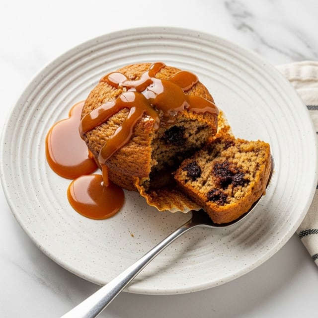 A single round muffin with a golden brown top sits on a white speckled plate with circular ridges. The muffin is drizzled with shiny caramel sauce that pools slightly on the plate. A piece of the muffin has been broken off and rests on a silver spoon next to the main muffin, showing the moist, crumbly inside with darker chocolate or fruit bits throughout. The plate is placed on a white marbled surface with a small piece of striped cloth visible in the corner. photo taken with an iphone --ar 4:5 --v 7