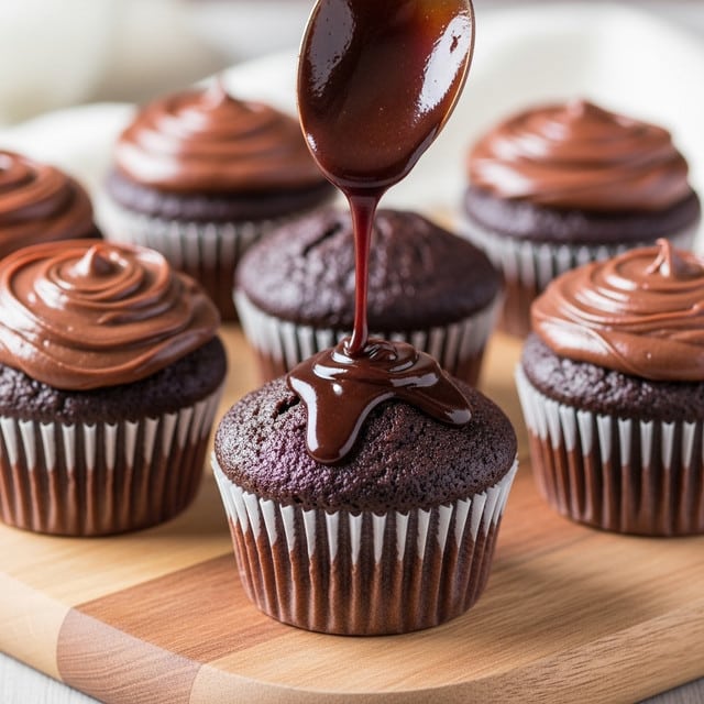 The image shows six chocolate cupcakes with a dark brown, moist texture on a wooden board. Five cupcakes have a glossy, smooth layer of thick chocolate frosting evenly spread on top. One cupcake in the middle has no frosting yet; a spoon above it is pouring rich, shiny chocolate glaze onto the cupcake’s textured surface. The cupcakes are in white paper liners, and the background has a soft focus with light colors. Photo taken with an iphone --ar 4:5 --v 7