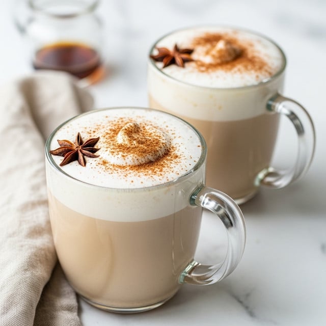 Two clear glass mugs filled with a creamy beige drink, each topped with a thick layer of white foam sprinkled with light brown cinnamon powder. On top of the foam, a dark brown star anise sits as a garnish on both mugs. The mugs have clear handles and are placed on a surface with a white marbled texture. A light beige linen cloth is partially visible beside the front mug. In the blurred background, there is a small clear glass container with a dark liquid inside. photo taken with an iphone --ar 4:5 --v 7