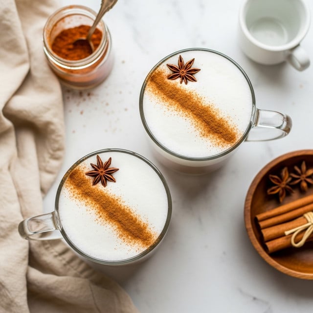 Two clear glass mugs filled with a creamy, frothy white layer of foam on top, each decorated with a dusting of light brown cinnamon powder in a diagonal line across the foam and a star anise placed near the top left side of the foam. The mugs are placed on a white marbled textured surface with a beige cloth on the left side, a small white cup in the top right, a small jar with reddish-brown spice or liquid near the top left, and a round wooden bowl with cinnamon sticks and star anise on the lower right side. Photo taken with an iphone --ar 4:5 --v 7