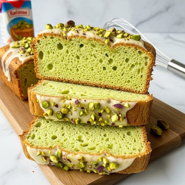 Three thick slices of light green cake with a soft, airy texture and small holes throughout are stacked on a wooden cutting board. The top of each slice has a thin layer of white glaze with chopped green pistachio pieces sprinkled on it. The cake edges are golden brown, giving a toasted look. In the background, a small carton and a metal whisk are partially visible, all set on a white marbled surface. photo taken with an iphone --ar 4:5 --v 7
