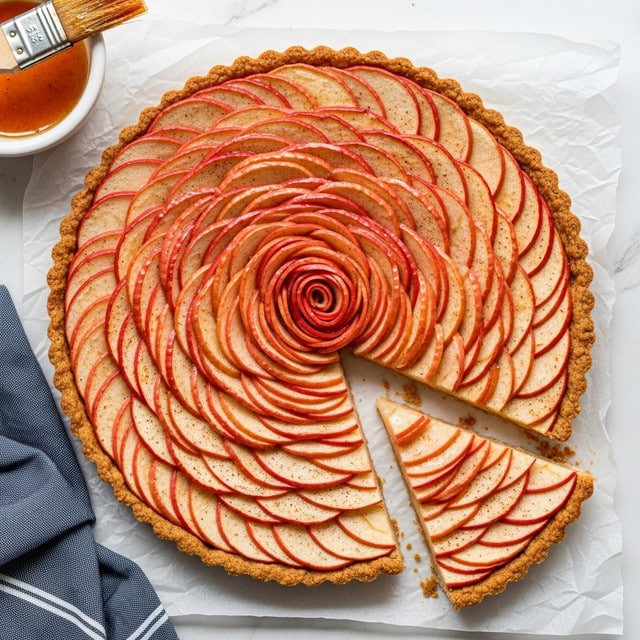 A round apple tart with a golden-brown crust forms the base, topped with thin, overlapping slices of red and pale pink apples arranged in a tight spiral pattern from the outer edge to the center, creating a rose-like effect; the apple slices have a slightly glossy finish, likely from a light glaze, and show faint specks of cinnamon or spice over the surface; one slice is cut and slightly separated from the tart, revealing the crisp edges of the crust. The tart sits on crinkled white parchment over a white marbled surface, with a white bowl containing a small amount of orange glaze or jam and a pastry brush positioned to the top left, partly visible, and a folded dark blue cloth with white stripes lies near the bottom left corner. Photo taken with an iphone --ar 4:5 --v 7