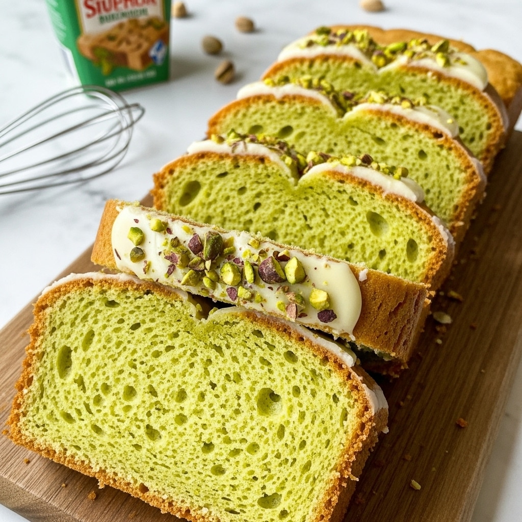 Four slices of light green cake with a soft, moist texture and small air holes are stacked closely on a wooden board. Each slice has a thin layer of white glaze on top, sprinkled with chopped pistachios that add small green and brown bits. The cake edges are golden brown, showing a slight crust. In the background, part of a small carton and a metal whisk are visible on the white marbled surface. photo taken with an iphone --ar 4:5 --v 7