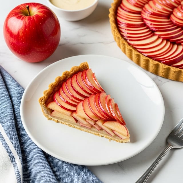 A single slice of apple tart sits on a simple white plate, showing a golden brown crust with slightly rough edges. The filling is made of thinly sliced red and pink apple pieces, layered closely in a fanned, overlapping pattern that rises gently from the crust. The apples have a shiny, glazed look, with colors shifting from deep red on the edges to pale pinks and soft yellows toward the center. The tart itself is partially visible to the right, showing the same apple layer arranged in tight concentric circles on a similarly golden crust. There is a small white bowl with a light creamy sauce on the top edge of the frame, and a bright red apple rests on a white marbled surface to the left. A folded blue cloth with white stripes is partially visible on the lower left, and a metal fork lies near the bottom right of the frame. The setting is bright and natural. photo taken with an iphone --ar 4:5 --v 7