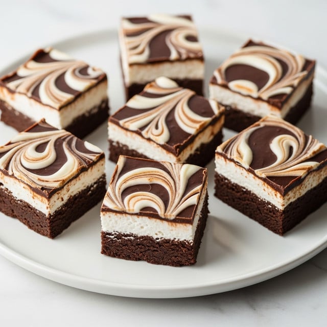 Seven pieces of dark chocolate fudge with a white and light brown swirl pattern on top are arranged on a round white plate with a slight green tint. Each piece shows a thick layer of smooth white marshmallow inside, surrounded by the dark chocolate layer that looks glossy with some texture where it has been cut. The swirls on top create a marbled effect, blending the white and brown colors in a curved motion. The plate rests on a white marbled surface. photo taken with an iphone --ar 4:5 --v 7