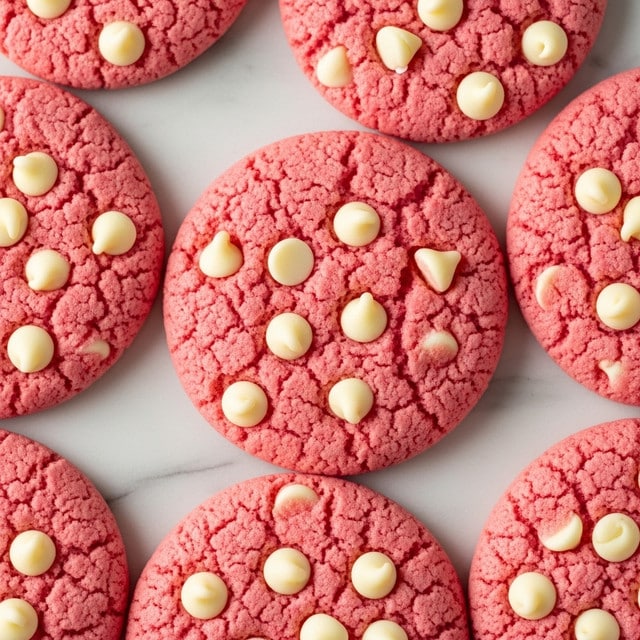 A close-up view of several pink cookies topped with white chocolate chips. Each cookie is round with a cracked texture on the surface, showing a soft, slightly crumbly consistency. The white chocolate chips are scattered evenly on top, giving a contrast to the pink color. The cookies are stacked closely together on a white marbled surface, filling the frame fully with their bright, inviting appearance. photo taken with an iphone --ar 4:5 --v 7