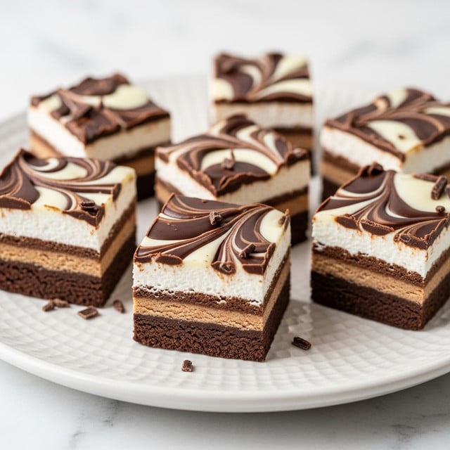 The image shows seven square pieces of fudge arranged on a white plate with a light textured pattern. Each piece has three visible layers: a dark brown chocolate base, a thick white marshmallow-like middle layer swirled with more dark chocolate, and a glossy top layer where the white and dark chocolate blend in smooth, curved patterns. The edges of the fudge pieces are sharp, and some have small chocolate flakes on them, adding texture. The plate sits on a white marbled surface, enhancing the contrast with the rich colors of the fudge. photo taken with an iphone --ar 4:5 --v 7