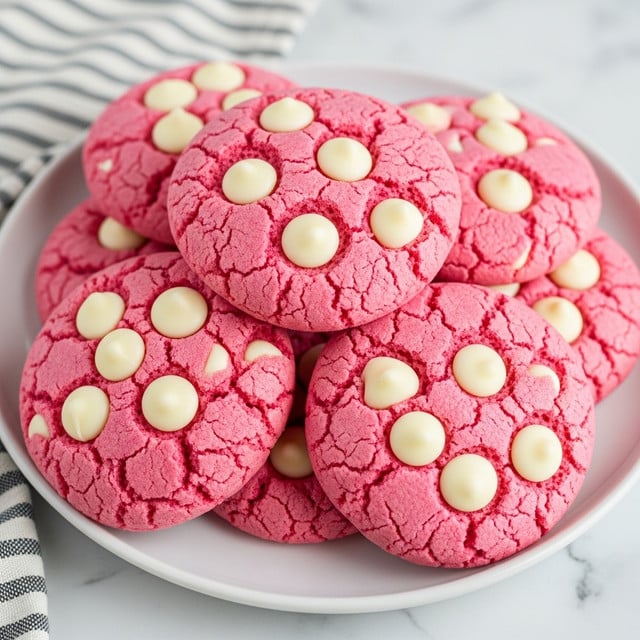 A pile of round pink cookies with a cracked texture is stacked on a white plate, each cookie topped with several smooth, white chocolate chips that are evenly spread across the surface. The cookies have a soft and thick look, with the pink dough forming the base layer and the white chips sitting on top like small mounds. The plate rests on a white marbled surface, and a striped cloth is partially visible to the side, adding a cozy touch to the scene. photo taken with an iphone --ar 4:5 --v 7