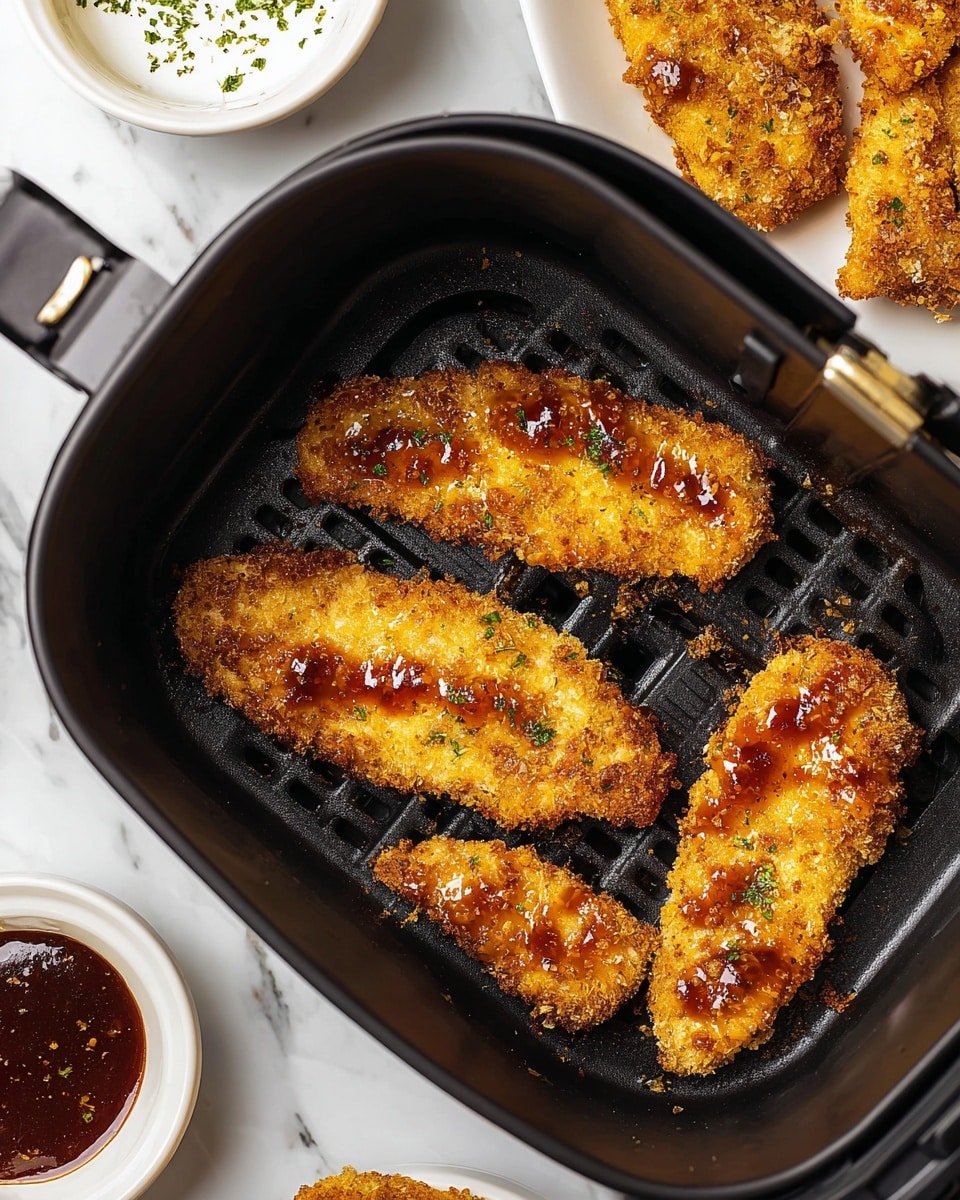 The image shows four breaded and fried chicken strips inside a black air fryer basket, each piece golden brown with a crispy texture and drizzled with a shiny reddish-brown sauce. The chicken strips are arranged so that two are parallel near the bottom left side, one angled in the middle, and one partially visible on the right edge. The sauce glistens under the light, and small green herb pieces are sprinkled on top. Above the air fryer basket, a white plate holds more golden chicken strips, and to the left, two white bowls contain sauces, one dark reddish-brown and the other white with green herb bits. The background is a white marbled surface. photo taken with an iphone --ar 4:5 --v 7