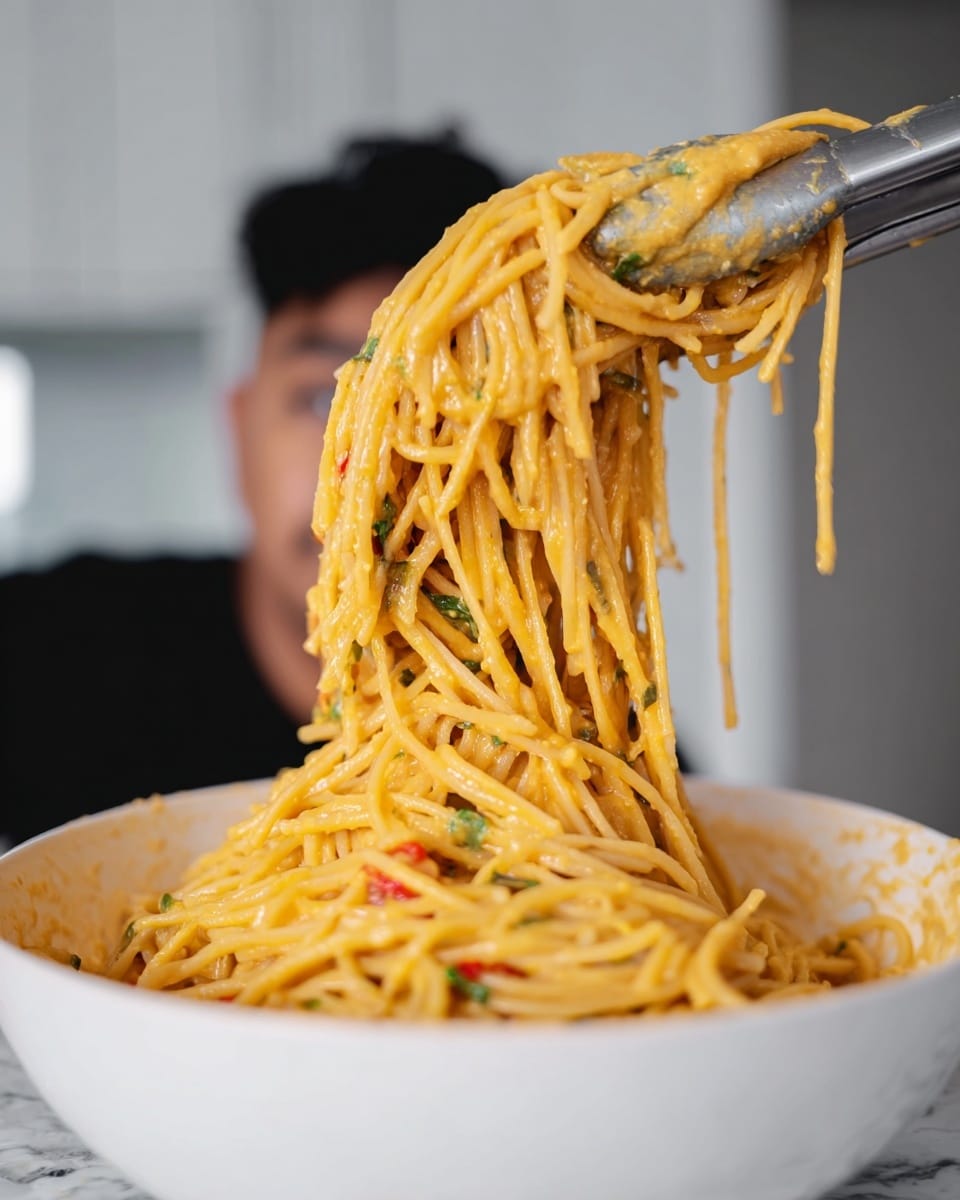 A close-up view of long, creamy spaghetti noodles lifted by tongs above a white bowl filled with the same pasta. The noodles are covered in a thick, orange-yellow sauce with small green herb pieces and bits of red pepper visible throughout. The background is softly blurred, showing a person's face partly out of focus behind the pasta. The bowl is set against a white marbled texture. photo taken with an iphone --ar 4:5 --v 7