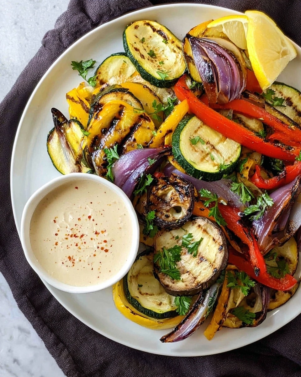 A white plate filled with grilled vegetables arranged in layers, including green zucchini slices with dark grill marks, yellow squash rounds, red bell pepper strips, deep purple onion rings, and slices of eggplant, all garnished with fresh green parsley leaves scattered on top. On the lower left side of the plate, a small oval white bowl holds a creamy white dipping sauce with a light sprinkle of spices. Two lemon wedges rest on the top right edge of the plate. The dish is placed on a white marbled surface with a dark cloth partially visible in the background. Photo taken with an iphone --ar 4:5 --v 7