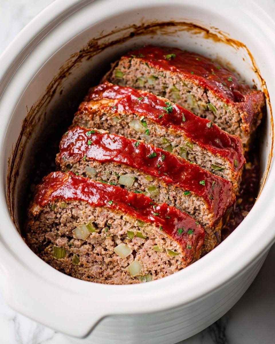 This image shows a cooked meatloaf inside a white slow cooker on a white marbled surface. The meatloaf is sliced into five thick pieces, each with a rough, crumbly texture in a light brown color with chunks of green and white throughout, representing vegetables or seasoning. The top of each slice is covered with a smooth, glossy red tomato sauce, slightly dripping down the sides. The inside appears moist with small bits of seasoning and herbs sprinkled on the sauce. The dish has a hearty, rustic look with the meatloaf snugly fitting into the round white cooker, and some browned bits sticking to the cooker’s base. Photo taken with an iphone --ar 4:5 --v 7
