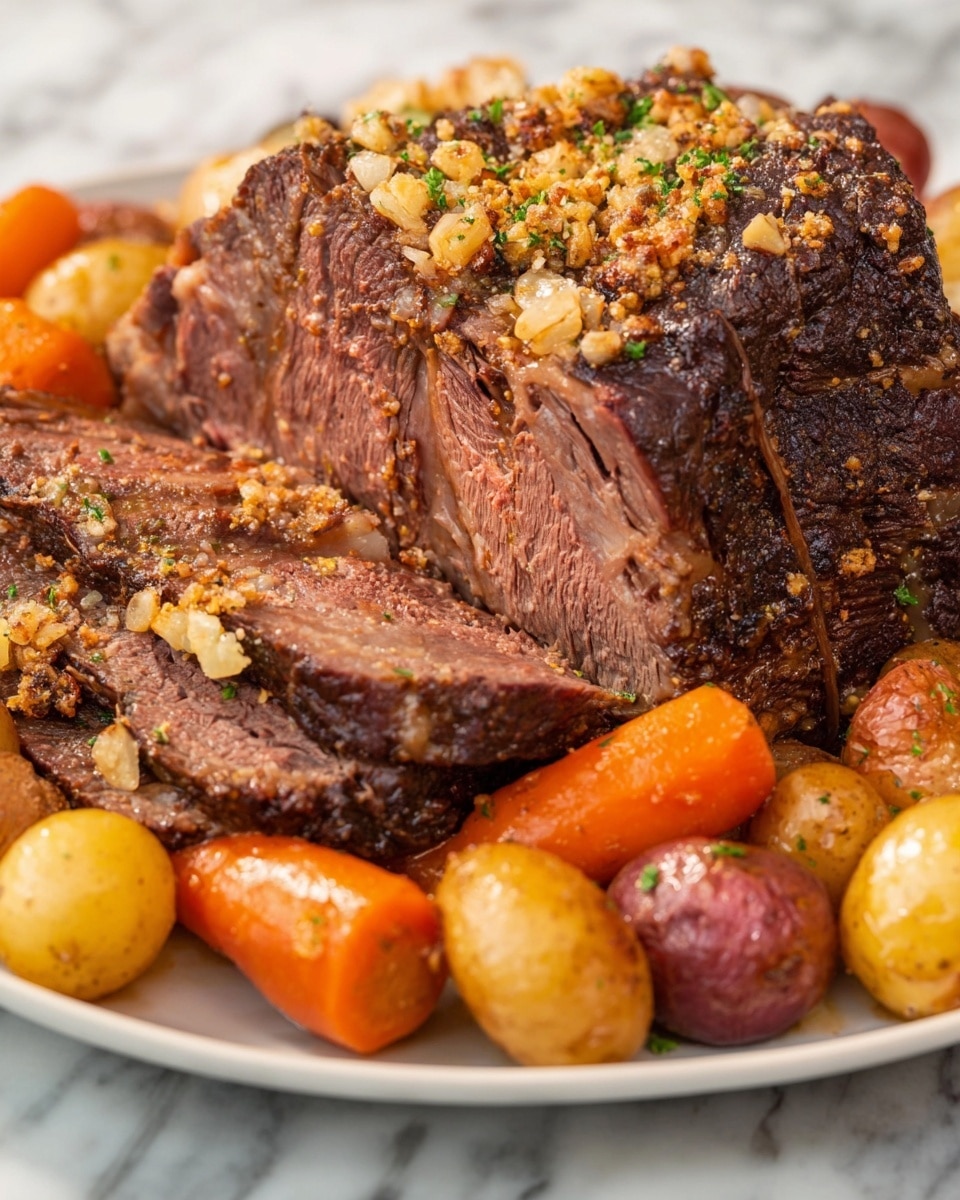 The image shows a thick piece of cooked beef with a dark, slightly charred top crust sprinkled with crushed garlic. The beef is cut to reveal multiple thin layers inside, revealing a juicy texture with some pinkish areas close to the center. Surrounding the beef are small whole golden and red potatoes, along with bright orange baby carrots, all having a slightly shiny, cooked appearance. The dish is placed on a white plate over a white marbled surface, creating a clean and inviting look. Photo taken with an iphone --ar 4:5 --v 7