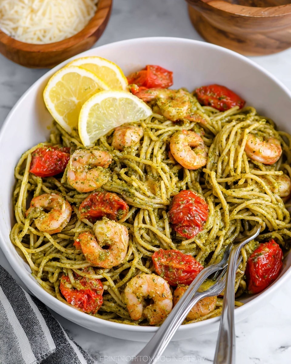 A white bowl holds a colorful shrimp pasta dish with three main visible layers: the spaghetti coated in green pesto sauce forms the base layer with a textured, glossy look, mixed throughout with plump, pink shrimp that are sprinkled evenly on top and cooked to a firm texture. Bright red roasted cherry tomatoes are scattered around, adding a juicy and slightly charred contrast. Two lemon wedges rest on one side, showing bright yellow inner flesh and pale peel. A metal fork and spoon sit partially twirled with spaghetti on top inside the bowl. The bowl is placed on a white marbled surface with a wooden bowl of grated cheese slightly blurred in the background. photo taken with an iphone --ar 4:5 --v 7