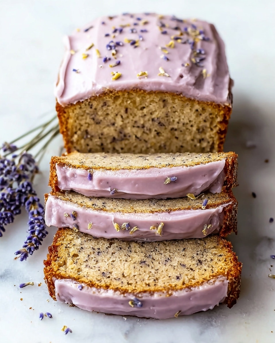 A loaf cake is shown sliced into four layers, each slice revealing a moist, light brown crumb with tiny dark specks evenly spread throughout. Between each slice, there is a thin layer of pale purple frosting with a smooth, creamy texture. The top layer is fully covered with the same pale purple frosting, which is sprinkled lightly with small, dried lavender buds. The cake has a slightly golden brown crust and is placed on a white marbled surface with a small bunch of lavender sprigs to the left. Photo taken with an iphone --ar 4:5 --v 7