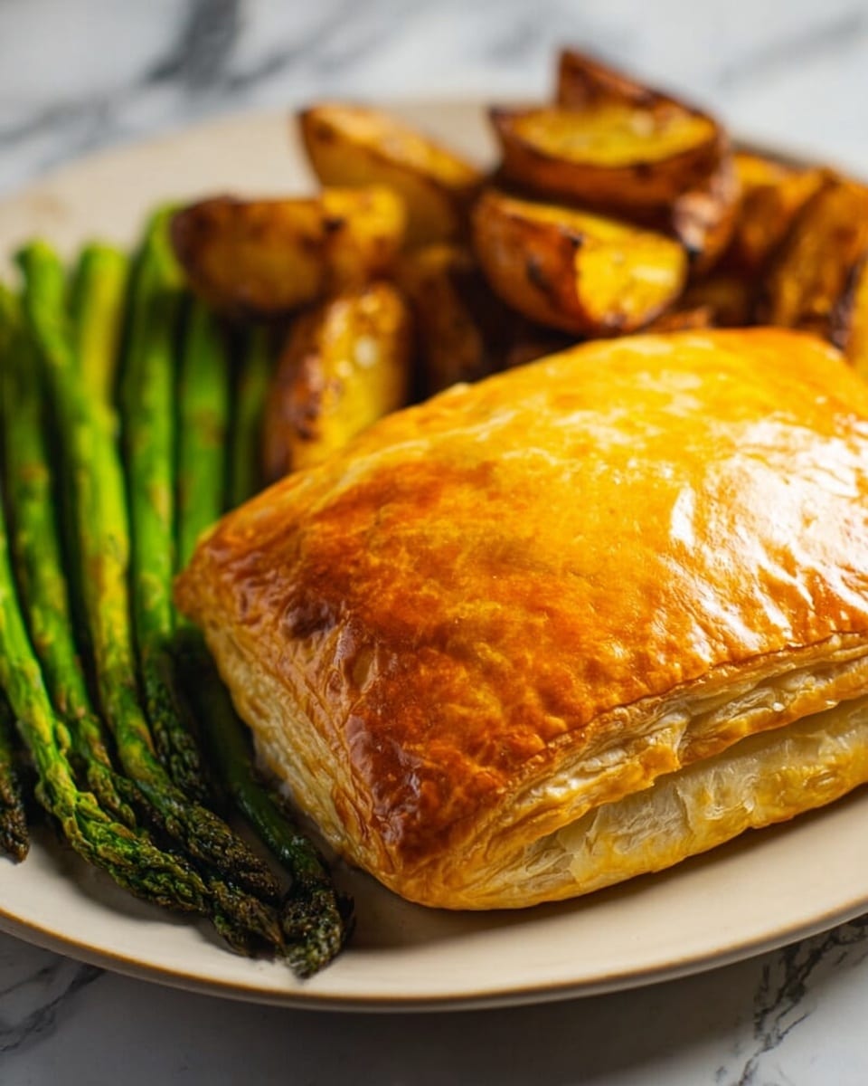 The image shows a large, golden-brown puff pastry stuffed and baked to a shiny, crisp crust, sitting on a white plate. To the left side of the pastry, several pieces of grilled green asparagus with slightly charred tips are arranged neatly. Behind the pastry and asparagus, there are some browned roasted potato wedges adding a rustic touch. The plate rests on a white marbled surface, highlighting the warm golden colors and fresh green of the food. photo taken with an iphone --ar 4:5 --v 7