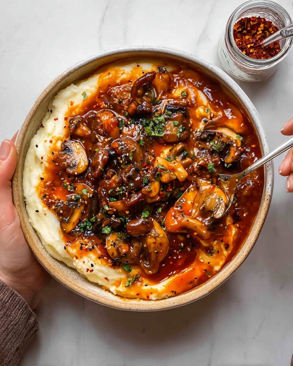 A bowl filled with creamy white mashed potatoes forms the bottom layer, topped with a thick, rich reddish-orange stew full of various mushrooms and chunks of tender meat, coated in a glossy sauce. The stew is garnished with small bits of finely chopped green herbs and black sesame seeds scattered across the surface. A woman's hand holds the bowl from the side, while another woman's hand is lifting some stew with a spoon from the center, showing a mix of mushrooms and meat covered in the flavorful sauce. Next to the bowl, there is a white jar with red chili flakes and a spoon inside it, all placed on a white marbled texture. Photo taken with an iphone --ar 4:5 --v 7