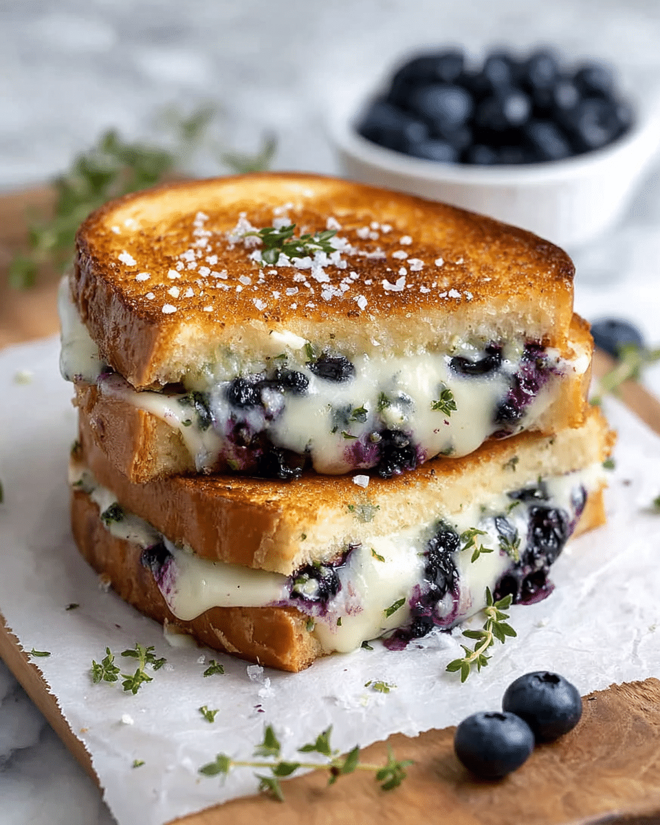 Two toasted sandwich halves are stacked on top of each other on white parchment paper over a wooden board, with each sandwich having two layers: the outer golden brown, crisp bread, and an inside layer of melted white cheese mixed with visible dark blueberries and small green herbs. The top sandwich has a few flakes of sea salt and a small sprig of green herbs on its surface. Around the sandwiches, loose blueberries and green herb leaves are scattered on the white marbled texture background. A small white bowl filled with blueberries is blurred in the background. Photo taken with an iphone --ar 4:5 --v 7