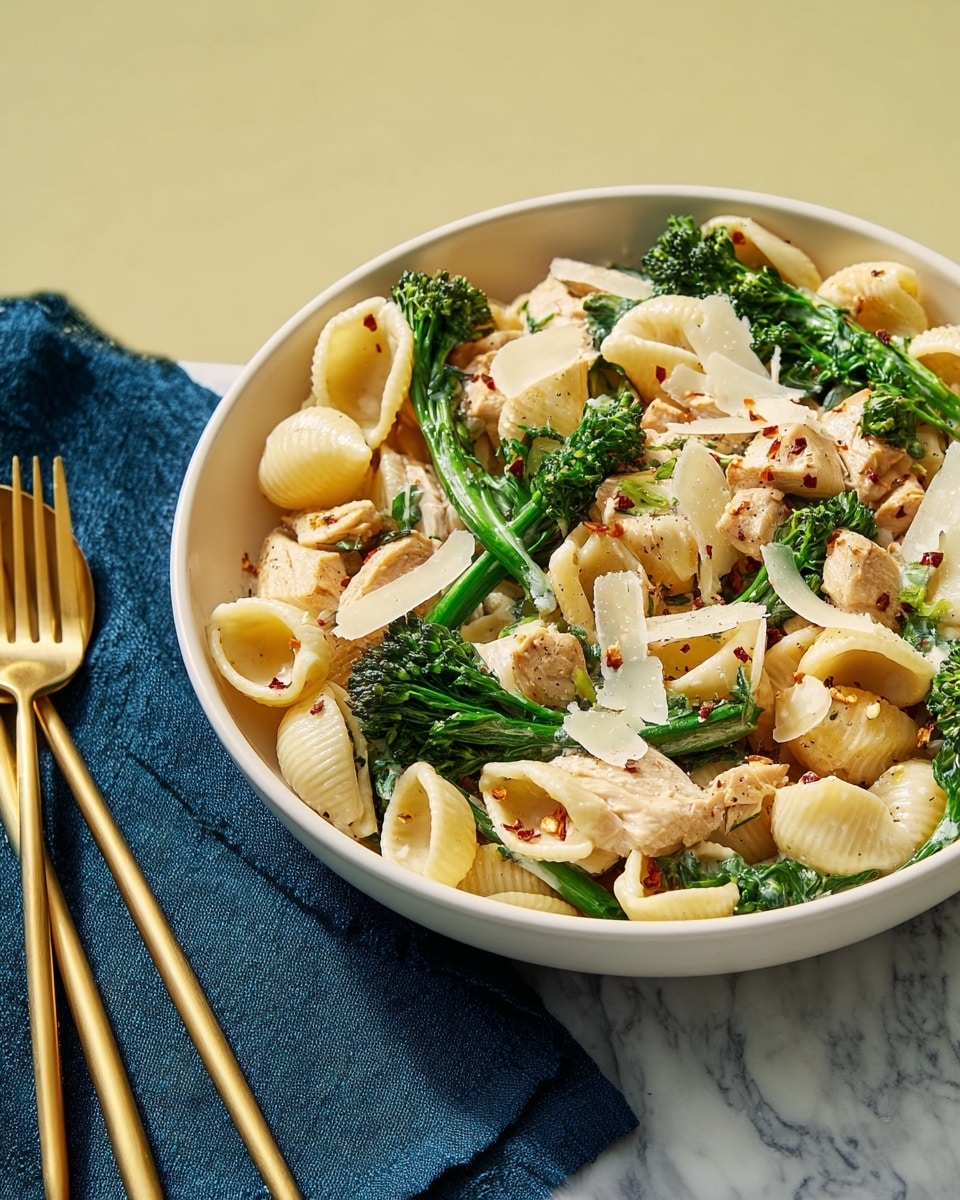 The image shows a deep white bowl filled with a pasta dish made of shell-shaped pasta in a light creamy color. Mixed throughout are pieces of golden-brown cooked chicken and bright green broccolini stems and florets, giving a fresh contrast. Thin, pale yellow shavings of cheese are scattered on top, along with small flakes of red pepper and cracked black pepper, adding texture and color. The bowl rests on a dark blue cloth with three gold forks laying beside it on a white marbled surface. The soft, even lighting highlights the dish’s varied colors and textures photo taken with an iphone --ar 4:5 --v 7