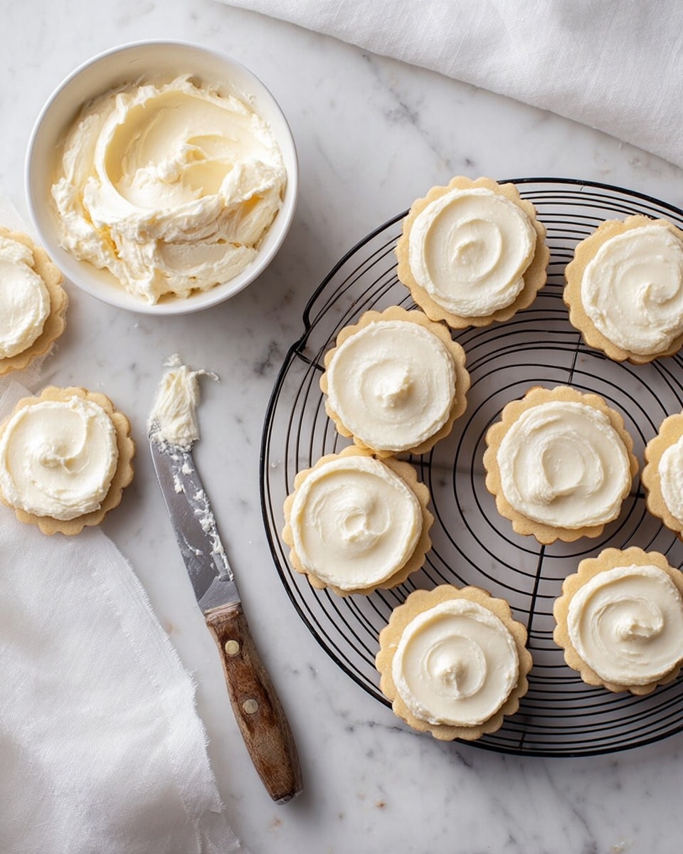 The image shows a round black cooling rack placed on a white marbled surface, holding nine small round cookies with scalloped edges. Each cookie has one layer, covered evenly by a thick, creamy layer of white frosting, spread in smooth circular swirls. Near the rack, a white bowl contains more of the same creamy white frosting with soft texture, alongside a metal butter knife with a wooden handle smeared with some frosting, resting on the marble surface. A white cloth is slightly visible in the top left corner, adding a soft touch to the scene. photo taken with an iphone --ar 4:5 --v 7