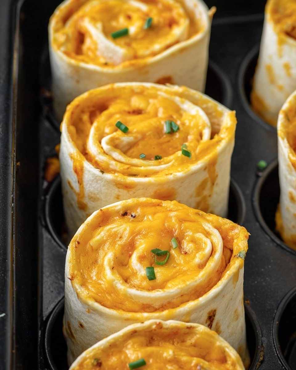 The image shows several cheese roll-ups standing vertically in a black baking tray. Each roll has two main layers: a light beige tortilla wrap on the outside and a bright orange melted cheese filling spiraled inside. The cheese is smooth and creamy with some stretchy, gooey spots. Small green chive pieces are scattered and placed on top of the cheese swirls, adding color contrast. The texture of the tortilla is soft and slightly toasted at the edges, with a slight shine from the melted cheese. The black tray beneath has round indentations holding each roll tightly. photo taken with an iphone --ar 4:5 --v 7