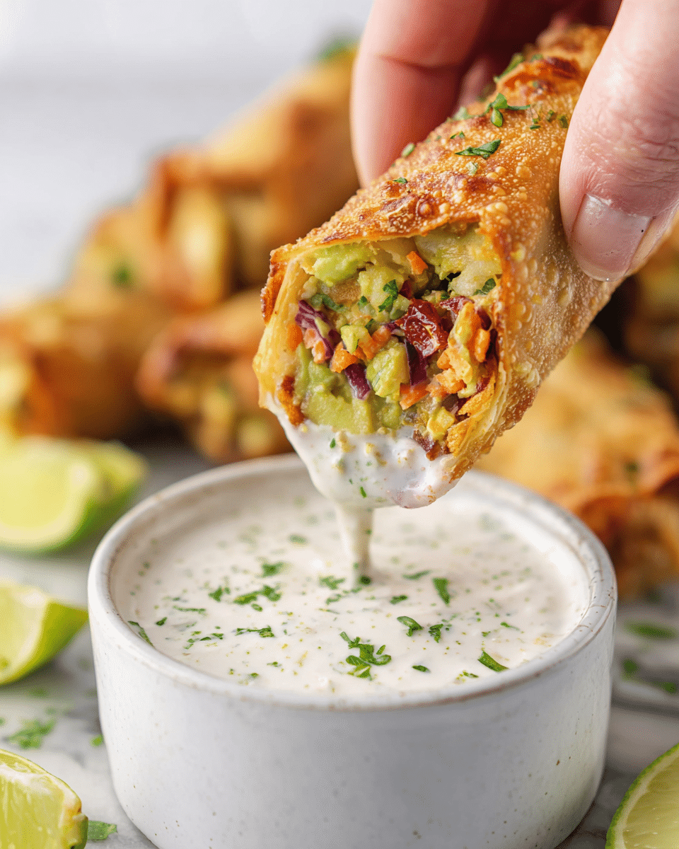 The image shows a close-up of a rolled wrap cut in half, stacked with one half resting on top of the other. The outer wrap is lightly toasted with a golden, slightly crisp surface that has a textured pattern. Inside, there are at least three visible layers: a creamy green guacamole-like layer with chunks of avocado, a mix of small diced red onions and red peppers, and some finely chopped green herbs. The wrap is laid on fresh green cilantro leaves, and a wedge of lime is visible in the bottom right corner. The whole setup sits on a white marbled surface with blurred halves of avocado and more green leaves in the background, giving a fresh and vibrant look. Photo taken with an iphone --ar 4:5 --v 7