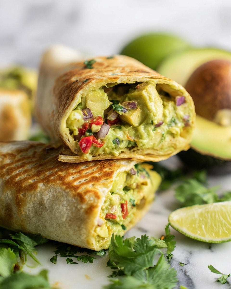 A close-up image shows a woman's hand holding a crispy, golden-brown fried roll with a flaky outer layer. The filling inside is colorful with visible pieces of red onion, green avocado, orange carrot, and bits of red sun-dried tomato, giving a textured look with a mix of vibrant colors. The roll is being dipped into a white ceramic bowl filled with creamy white sauce that has small green herbs sprinkled on top. The background features a white marbled texture surface with scattered lime wedges and more fried rolls blurred out behind the bowl. Photo taken with an iphone --ar 4:5 --v 7