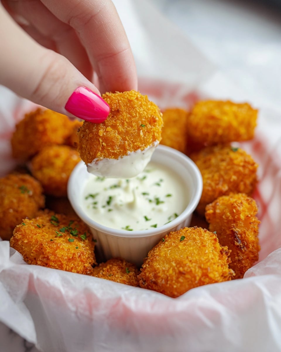 A close-up image shows a woman's hand with bright pink nail polish dipping a small, round, golden-brown crispy nugget into a smooth, white dipping sauce sprinkled with green herbs. The nuggets are piled together inside a white basket lined with white paper, set on a white marbled surface. The nuggets have a crunchy, textured coating with warm orange-yellow tones, and the sauce looks creamy and rich, slightly dripping from the nugget. photo taken with an iphone --ar 4:5 --v 7