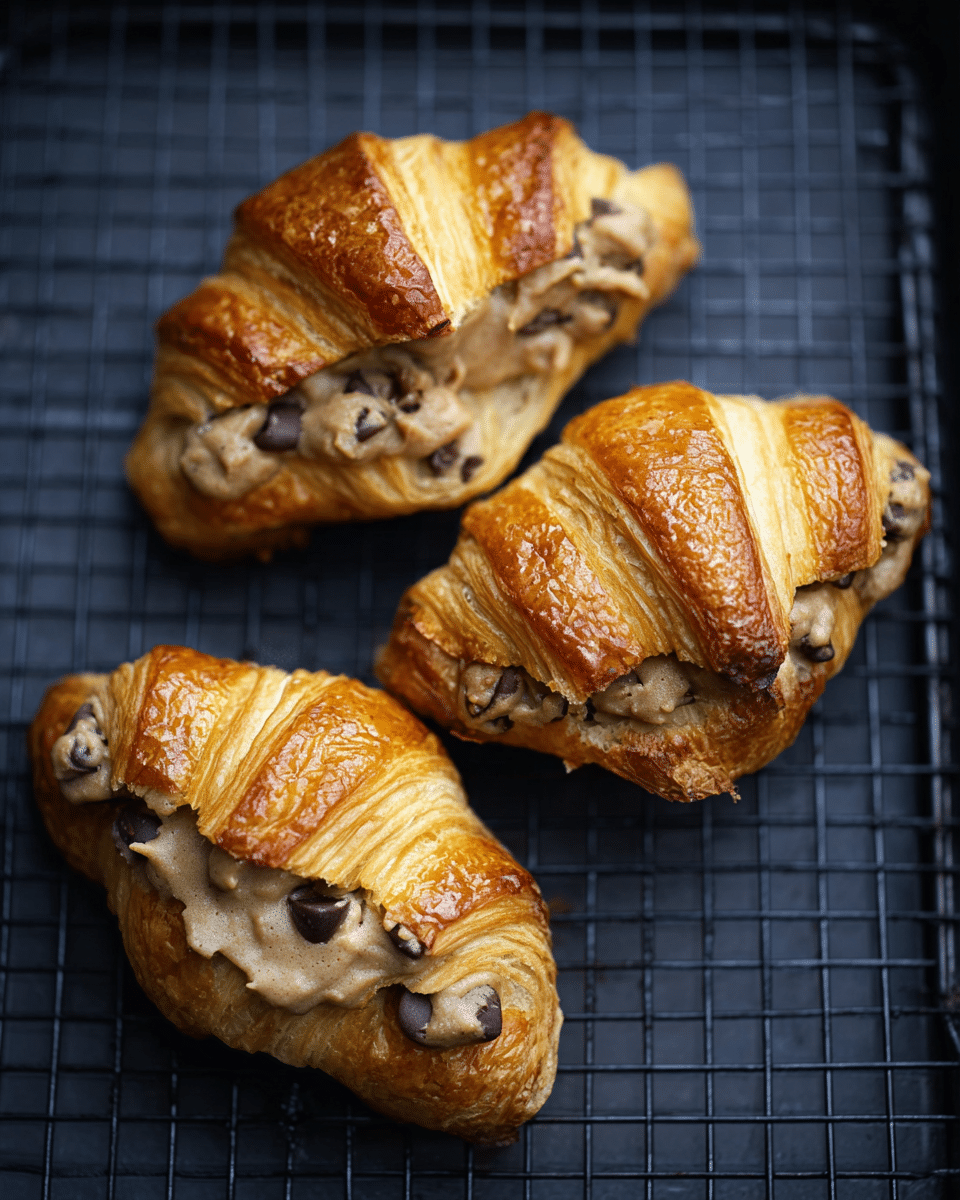 The image shows several croissants with a light brown, crumbly cookie dough topping mixed with dark chocolate chunks on top. Each croissant has a golden-brown flaky crust with visible layers and a shiny surface. The cookie dough topping covers the middle and part of the top edges of each croissant, with a rough texture and scattered chocolate pieces. The croissants are placed closely together on a wooden surface, with a few chocolate chips scattered around them in soft focus. photo taken with an iphone --ar 4:5 --v 7
