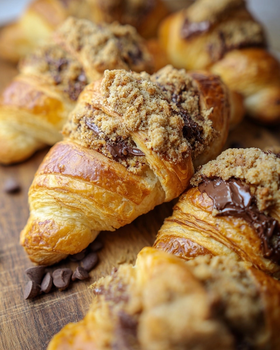 Three croissants are placed on a dark grid surface. Each croissant is golden brown with a flaky texture showing multiple layers. They are topped and filled with a beige, bubbly, soft cookie dough that has darker chocolate chips mixed inside. The cookie dough spills unevenly over the croissants, creating a rough, lumpy look on top and between the layers of the pastry. Photo taken with an iphone --ar 4:5 --v 7