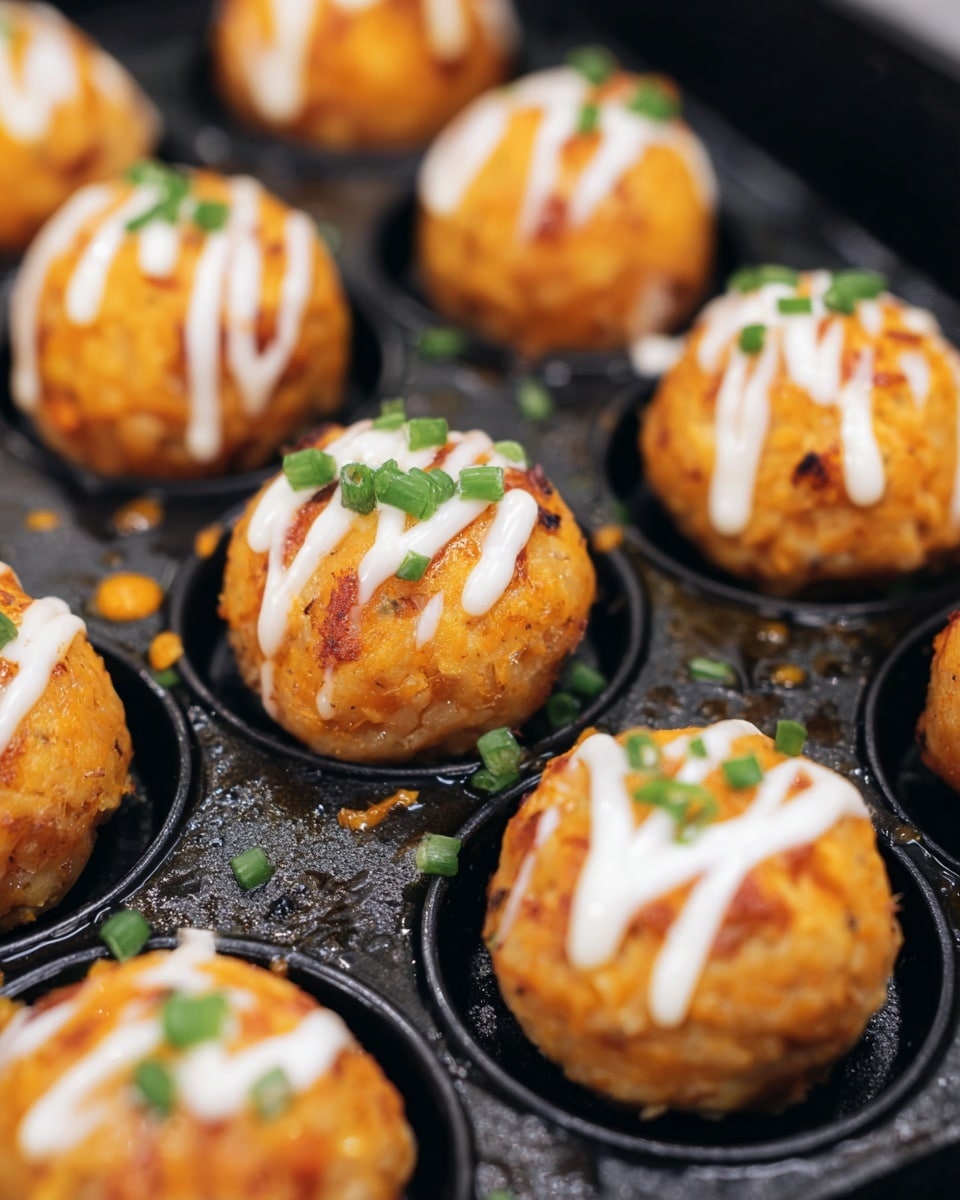 The image shows an air fryer basket filled with sixteen round, orange meatballs topped with thin white sauce lines and small green herb pieces, arranged evenly across the basket's black surface. Above it, there is a white plate with more orange meatballs, and two small white bowls on the white marbled surface, one holding a thick white sauce with green herb bits and the other filled with bright red sauce. To the lower right, a white bowl contains fresh cut celery and carrot sticks, all placed on a white marbled background with a beige cloth partially visible at the bottom left. Photo taken with an iphone --ar 4:5 --v 7