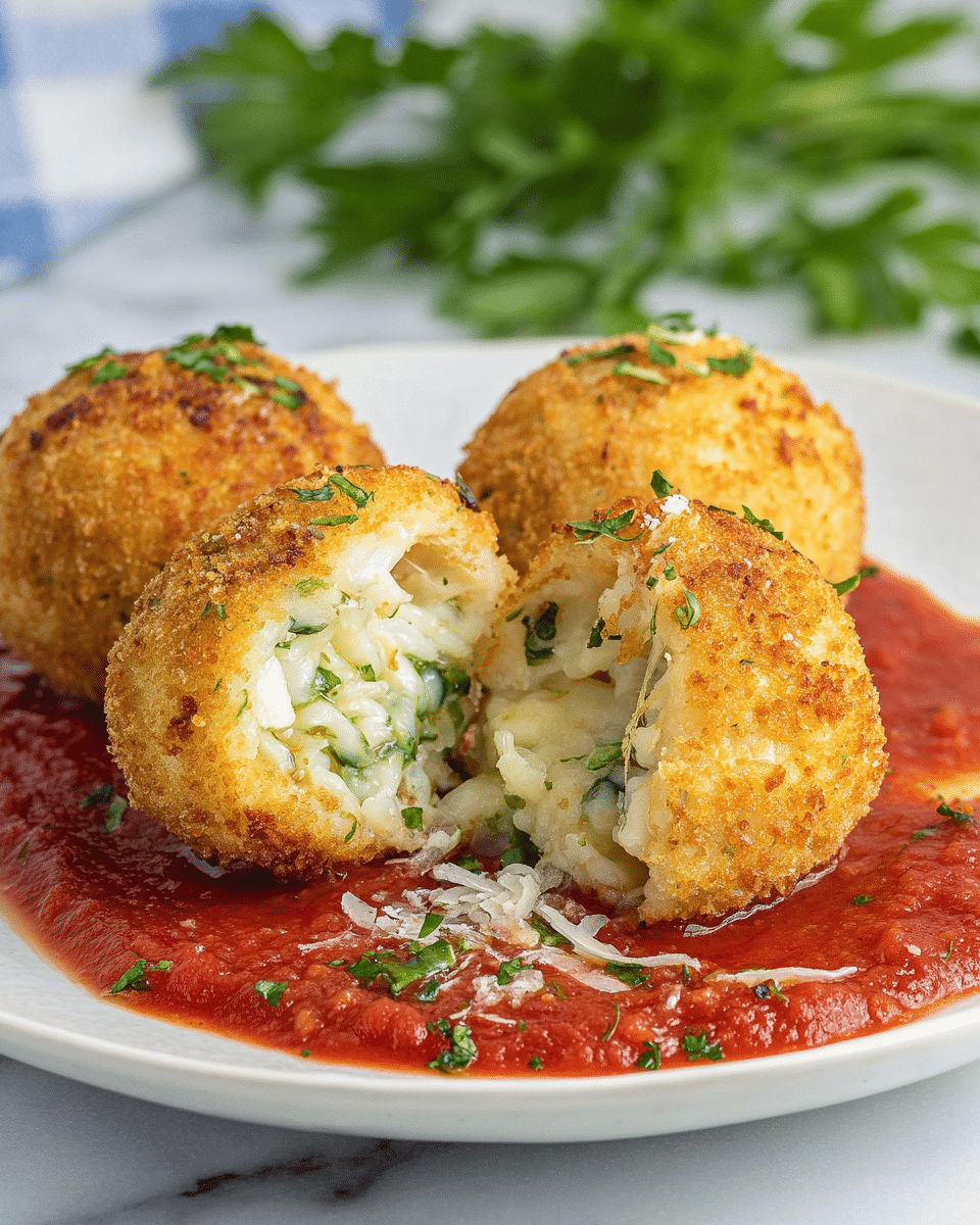 Three golden-brown, crispy textured arancini balls sit on a bed of vibrant red tomato sauce on a white plate with a dotted edge. The arancini have light specks of green herbs on and inside their breadcrumb coating, topped with small sprinkles of grated white cheese and fresh parsley leaves. Behind the plate, a bundle of green parsley leaves creates a soft, blurred background. A second white plate with another arancini ball rests faintly in the background on a white marbled surface. Photo taken with an iphone --ar 4:5 --v 7