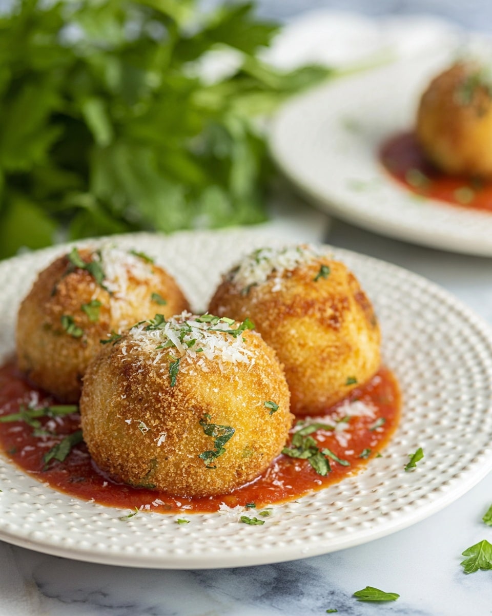 The image shows three golden brown arancini balls on a white plate. One arancini is cut open, revealing a soft, creamy layer of rice mixed with green herbs and melted cheese inside. The outside layer is crispy and coated with breadcrumbs. The plate has a thick, bright red tomato sauce spread beneath the arancini, with some small green herb pieces on top of the sauce. Fresh green parsley is blurred in the background on a white marbled surface. photo taken with an iphone --ar 4:5 --v 7
