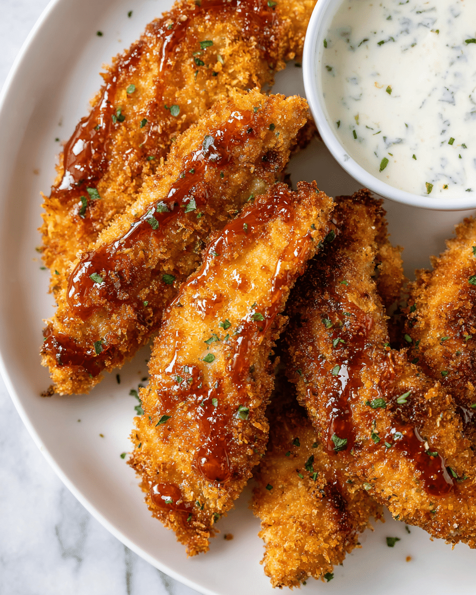 A close-up view of a white plate holding five golden-brown breaded chicken tenders arranged in a slight overlapping pattern, each coated with a shiny reddish glaze drizzled unevenly over the crispy texture, with tiny green herb pieces sprinkled on top for color contrast; the plate also includes a white bowl filled with a creamy white dipping sauce with green herb specks, placed towards the upper right corner, all set on a white marbled texture background. photo taken with an iphone --ar 4:5 --v 7