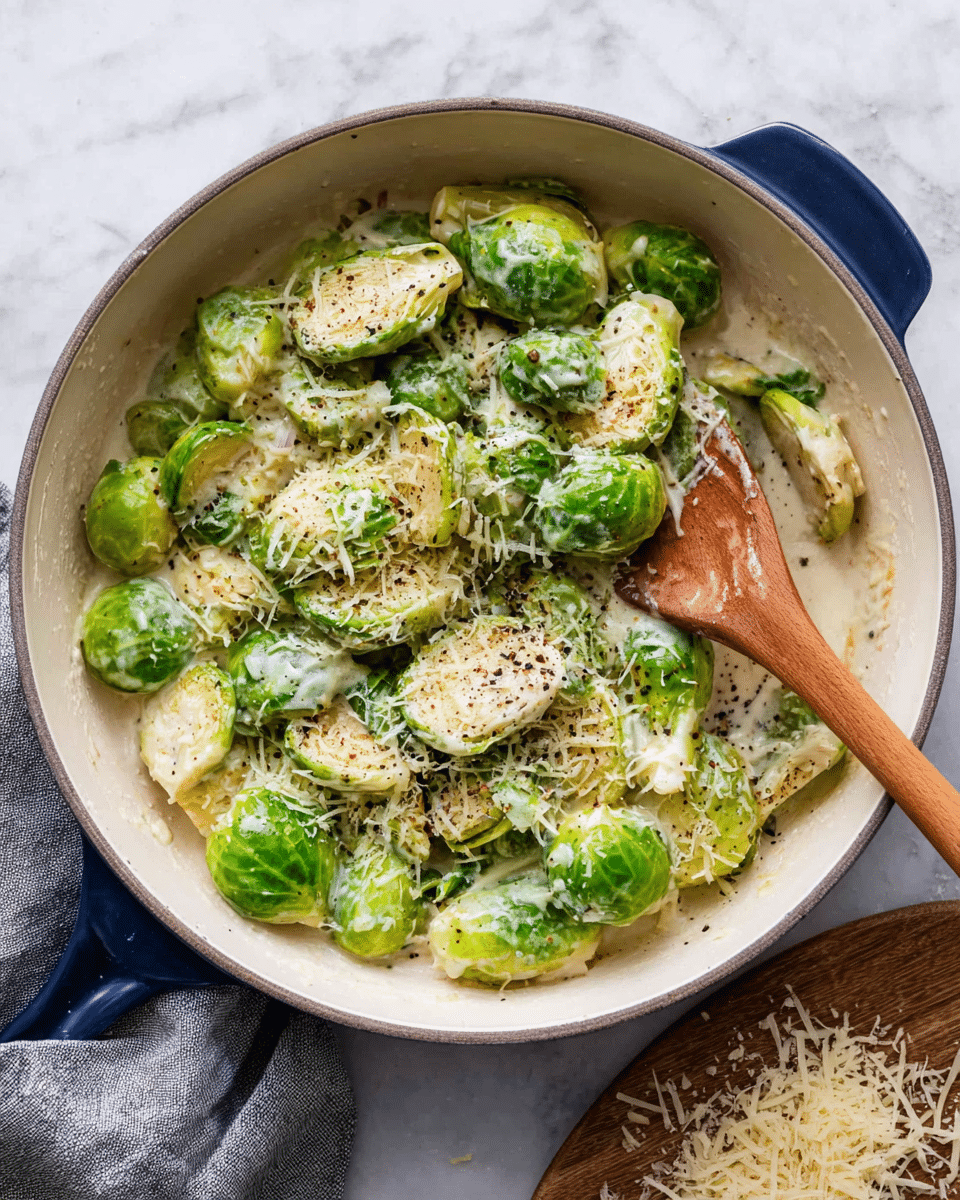 A close-up of cooked Brussels sprouts in a light cream sauce inside a white enameled pan with a blue handle, showing about two layers of halved bright green Brussels sprouts covered lightly with creamy white sauce and sprinkled with grated light yellow cheese and black pepper, a wooden spoon on the right side stirring the mixture, placed on a white marbled surface with a folded gray cloth nearby and a wooden board with grated cheese in the bottom right corner. photo taken with an iphone --ar 4:5 --v 7